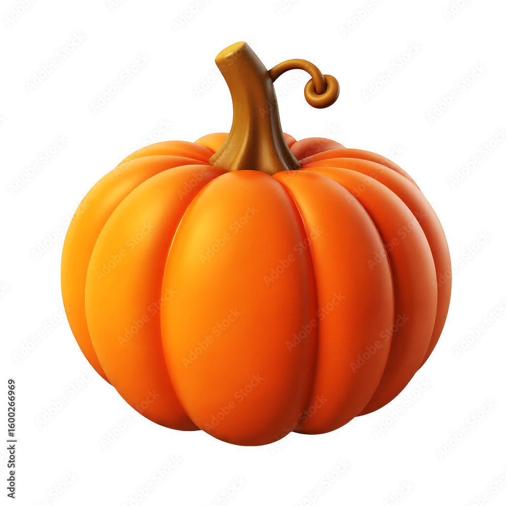 Obraz premium A single orange pumpkin with a brown stem and a curly tendril on transparent background