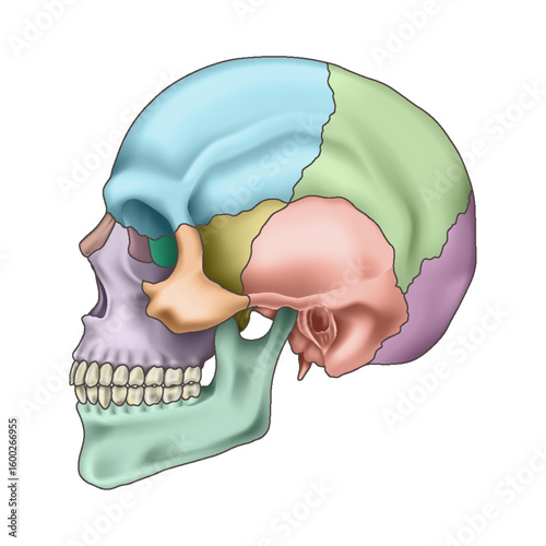 Human skull bones anatomy. Cranial colored parts structure. Outline sutures. Zygomatic, nasal, maxilla, temporal lacrimal mandible frontal parietal occipital. Brain protection. Vector illustration