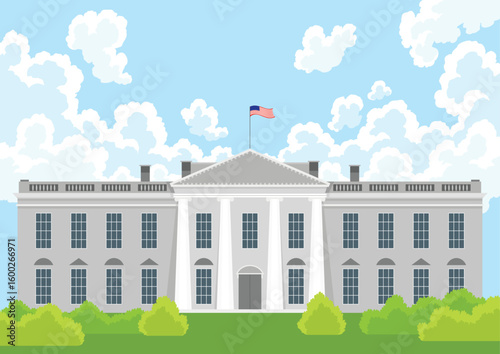 White House US presidential election American flag iconic building front view with garden trees blue sky clouds background