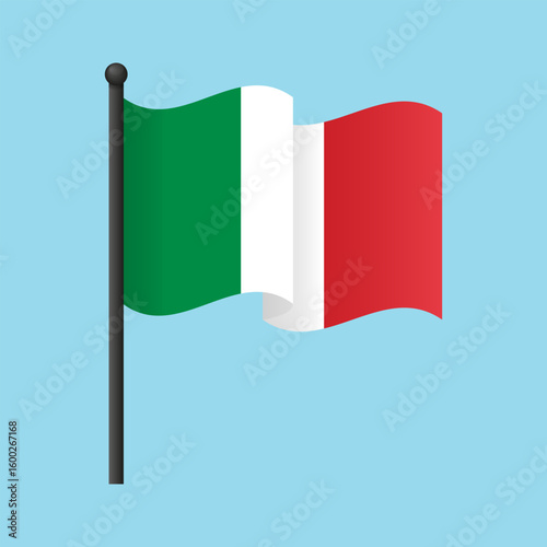 Waving Italy flag on flagpole isolated on blue. Vector illustration of Italian flag for editorial, educational, patriotic contexts, or design projects involving Italy national symbols