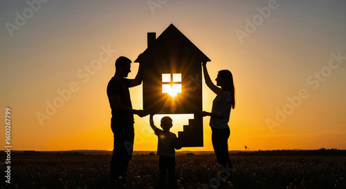 Happy family holding cardboard house at sunset, insurance concept