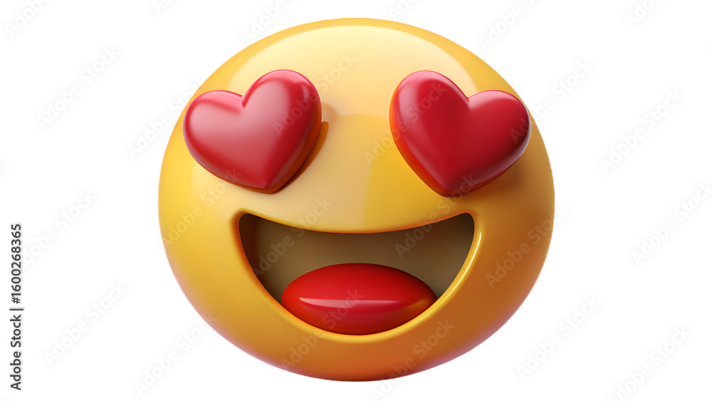 Fototapeta premium Happy yellow emoji with red hearts for eyes and open mouth