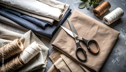 Fabric swatches, threads, and scissors on a surface