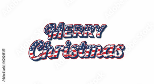 Merry Christmas wishes displayed with American flag pattern on white backdrop. Merry Christmas greeting blends festivity with patriotic design, perfect for seasonal greetings.