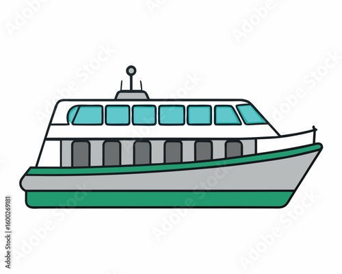 City Ferry Boat Side View Illustration with White and Teal Accents