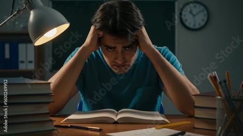 Frustrated male student studying late at night. Overwhelmed young man cramming for an exam, feeling stressed and tired.