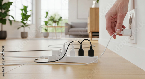 Person plugging power strip into wall socket in living room