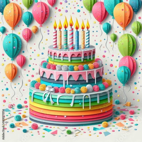 An illustration of a multi-tiered birthday cake crafted from colorful, layered paper cutouts, creating a 3D effect. 