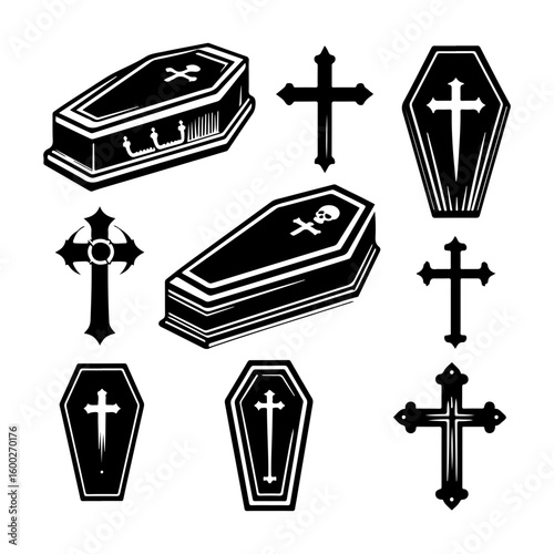 Set of coffin and cross silhouette vector