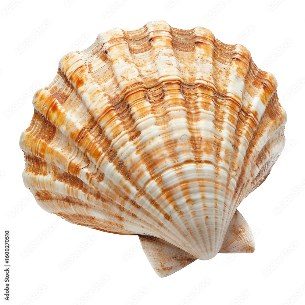 Obraz premium Close-up of a scallop shell, displaying intricate, ribbed, and patterned surface