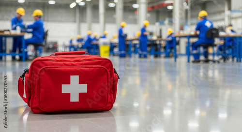 First aid kit lying on floor in busy factory