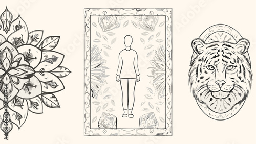 Illustration showcasing a mandala, framed figure, and tiger head with detailed line work and shading effects silhouette