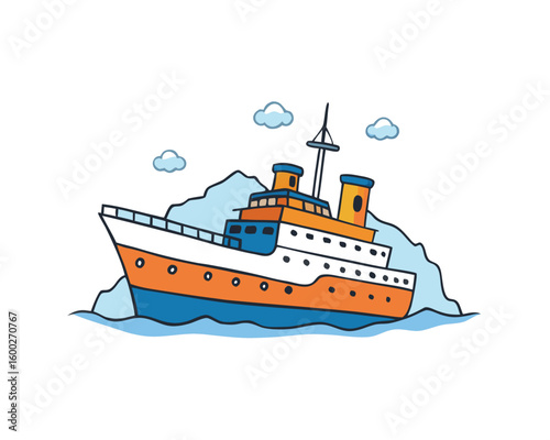 Arctic Icebreaker Ship Sketch White and Orange Vector Illustration