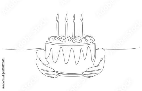Continuous one line drawing of hands holding birthday cake, birthday blessing concept, single line art.