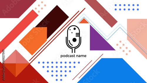 ABSTRACT WHITE BACKGROUND TEMPLATE PODCAST MICROPHONE FLAT BLUE ORANGE PURPLE COLOR DIAGONAL SHAPES DESIGN  VECTOR. GOOD FOR COVER DESIGN, BANNER, WEB,SOCIAL MEDIA