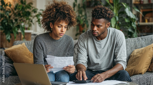 Young couple managing domestic finances using laptop and calculator on sofa