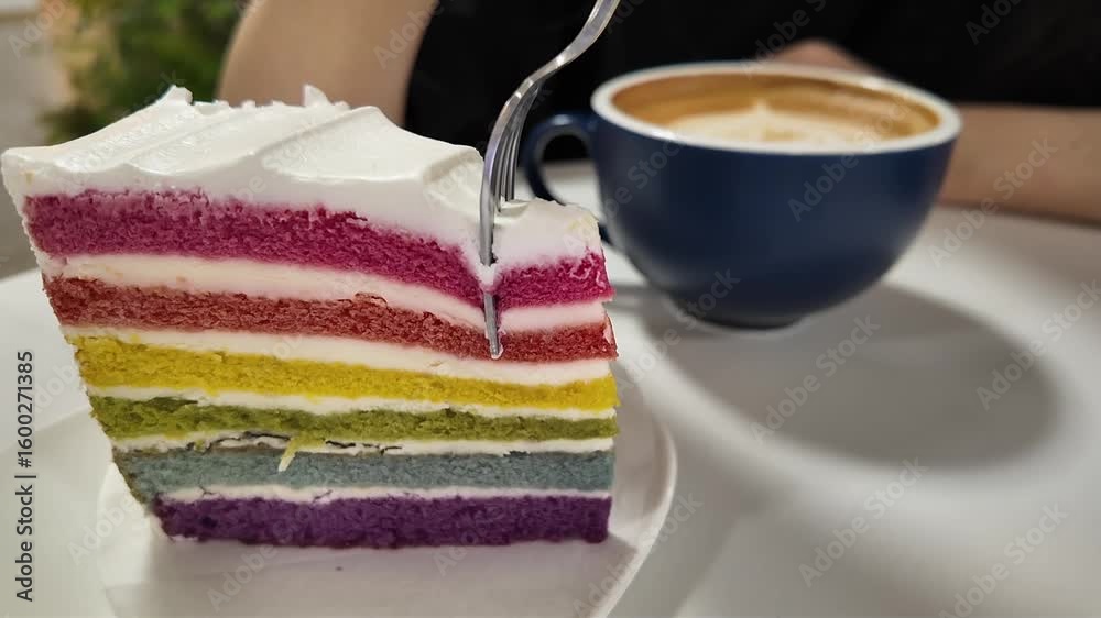 Fresh baked homemade Rainbow cake on table.
