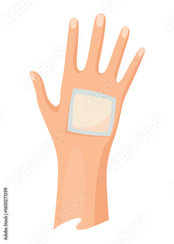 Hands injured skin and procedures of bandaging. First aid for wound. Medicine cure or treatment. First emergency help for human hand trauma