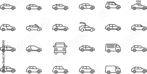 Diverse car icons showcase vehicle options for transportation, travel, and automotive industry designs, highlighting variety and choice.