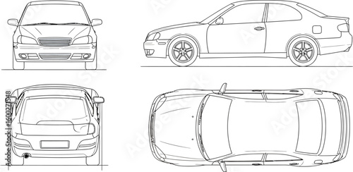 Detailed car blueprint showing front, side, rear, and top views perfect for engineering presentations and automotive design projects