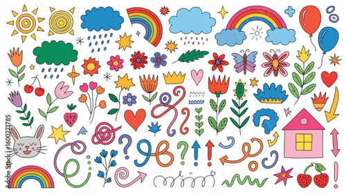 Vibrant Hand Drawn Doodle Collection Featuring Flowers Rainbows Sun Stars Hearts Arrows House Bunny and More in a Playful Colorful Style