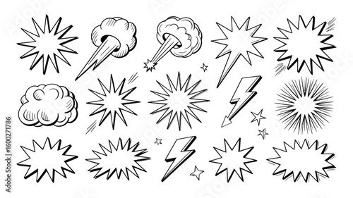 Hand Drawn Black and White Comic Book Style Explosion Elements Set Graphic Design Resource Various Shapes Stars Bursts Clouds Lightning Bolts