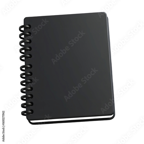 A close up of a black spiral notebook with a simple composition on transparent background