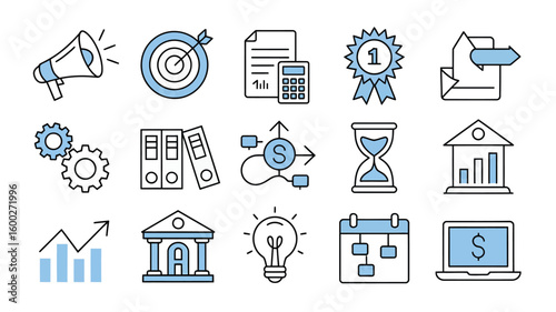 Collection of sixteen light blue and black line art business and finance icons including megaphone target document calculator award file gears