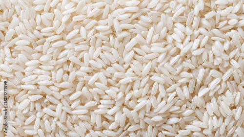 top view macro texture of uncooked white rice grains, seamless surface, natural soft lighting, uniform background, no objects or borders, high detail