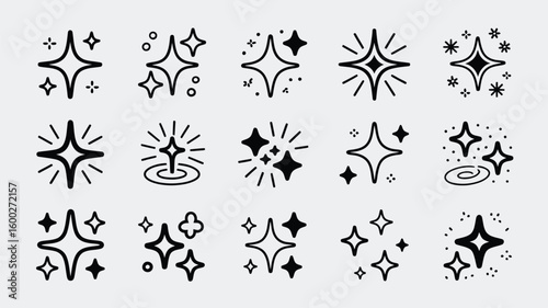 Collection of Hand Drawn Black Sparkle Icons on Light Gray Background Set of Twenty Diverse Starburst Designs Simple Line Art Graphic Elements