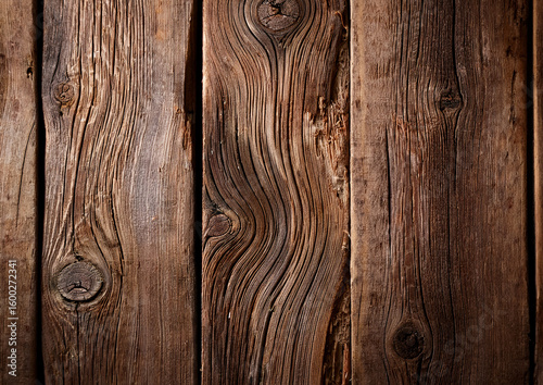 Weathered wooden boards with a rich brown patina, showcasing prominent grain patterns and irregular knots. The texture is rough, indicating age and natural wear. 