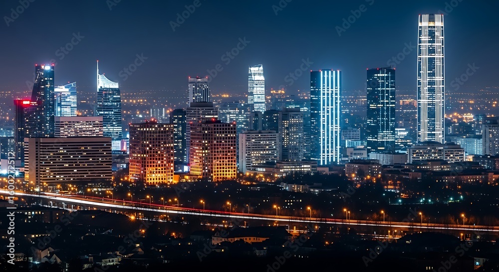 Obraz premium Stunning Panoramic Nighttime Cityscape Illuminates with Modern Skyscrapers and Vibrant Urban Lights
