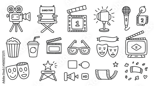Hand Drawn Blackand White Movie Icons Collection Filmmaking Cinema Theater Symbols Popcorn Camera Clapperboard Masks Microphone Director Chair
