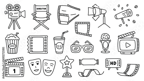 Hand Drawn Blackand White Movie Icons Collection Film Camera Director Chair Film Reel Spotlight Popcorn Cup3 Dglasses Clapperboard T V Masks