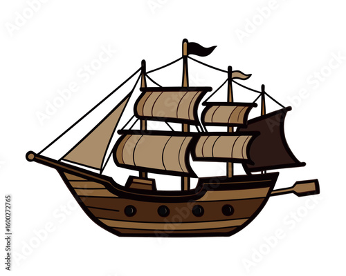 Old Pirate Ship Silhouette Dark Brown Vintage Nautical Illustration