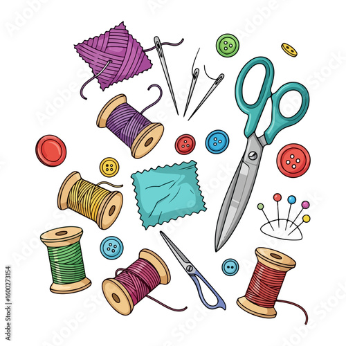 Cartoon sewing tools. Colored cartoon with line art and white background. AI generated image.