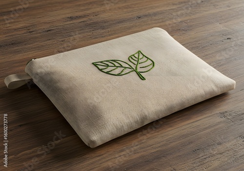 A simple, natural beige fabric pouch featuring a green embroidered leaf motif, representing an eco-friendly and sustainable lifestyle, displayed on a dark wooden surface.