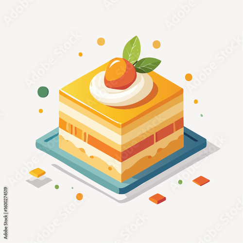 Isometric Illustration of Cake Slice with Cherries