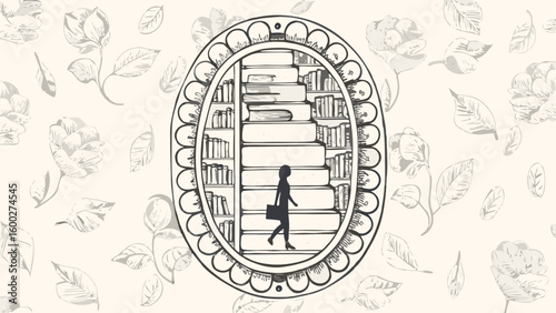Silhouette woman walking up books as stairs in decorative frame on floral background design image