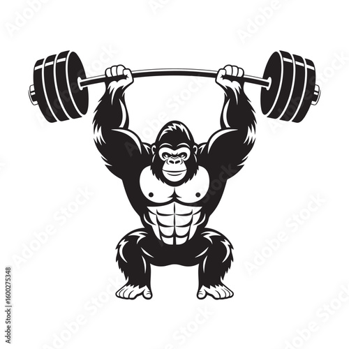 Vector illustration of a powerful gorilla mascot lifting a heavy barbell. This muscular ape weightlifter icon symbolizes strength for a gym and fitness.