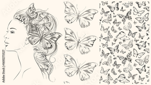 Woman's profile with butterflies in hair and butterfly pattern background in monochrome illustration silhouette