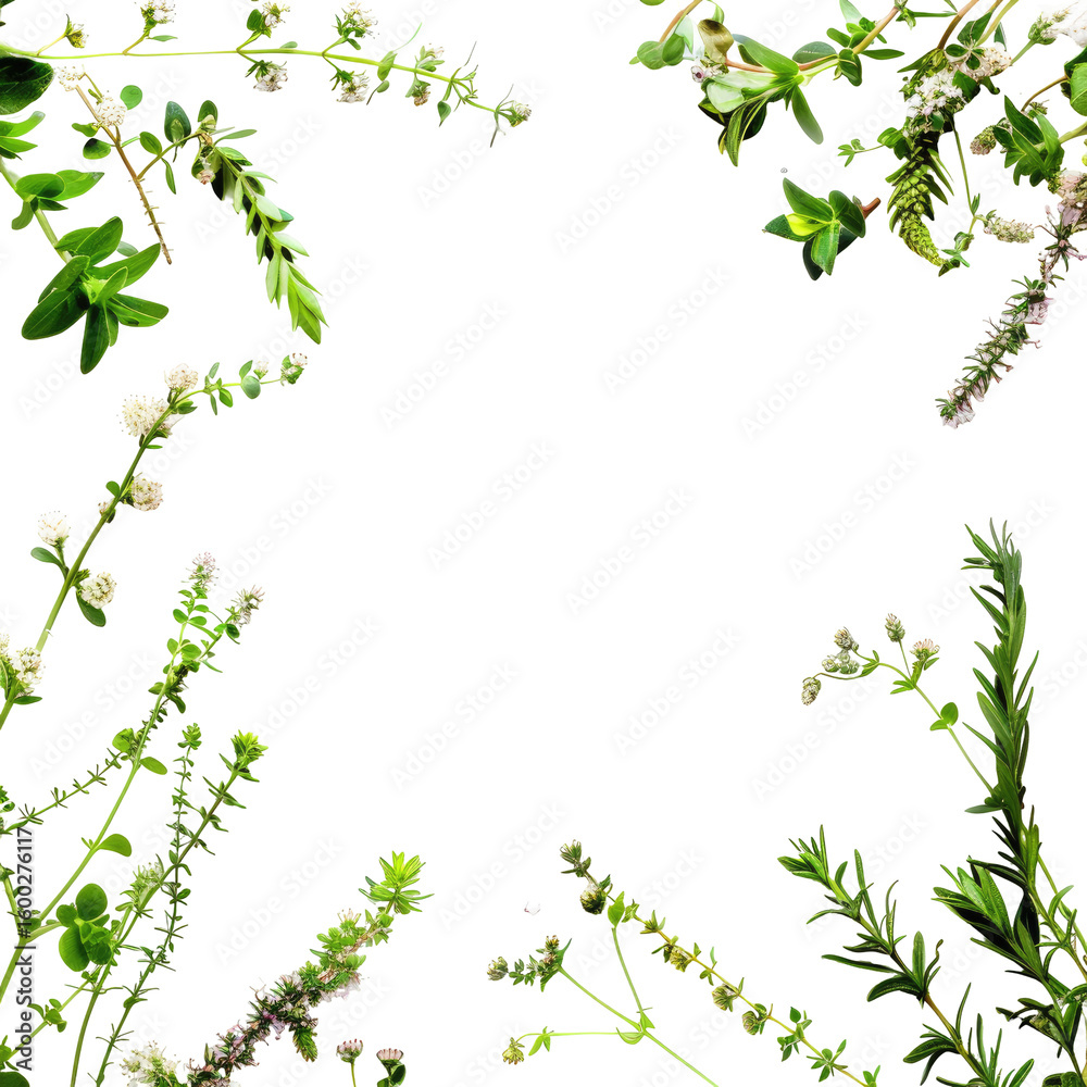 Fototapeta premium Floral botanical frame, green sprigs & blossoms