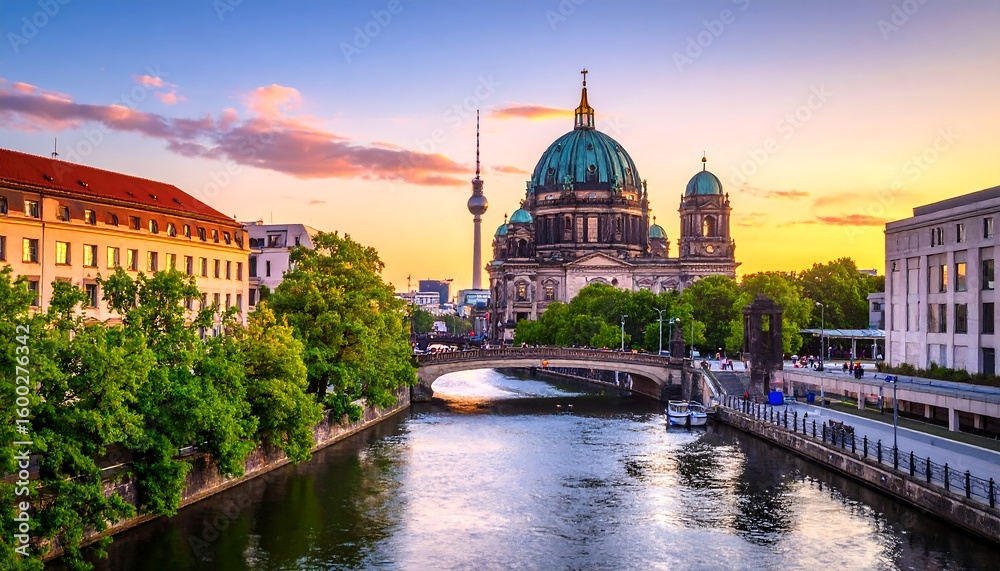 Fototapeta premium Berlin cityscape at sunset over river
