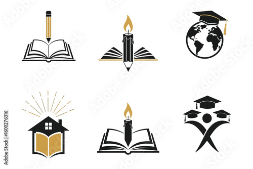 Six creative education icons featuring books, pencils, houses, globes, candles, and graduation caps