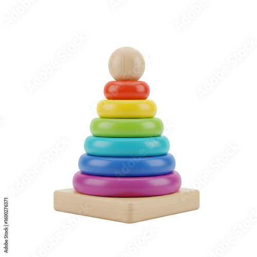 3D rendering of a children's toy in the form of a wooden pyramid, featuring colorful rings against a white background.
