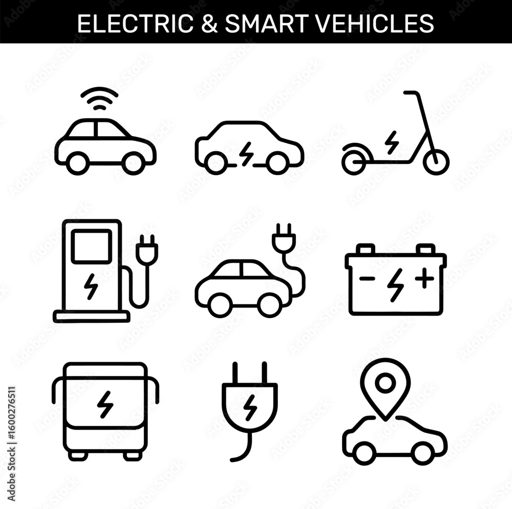 Electric and smart vehicle outline icons set with charging station, battery, electric car, scooter, bus, and plug