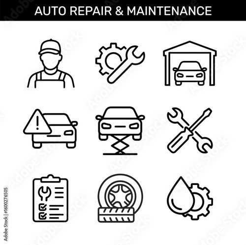 Auto repair and maintenance icons set with mechanic, tools, garage, tire, and oil change