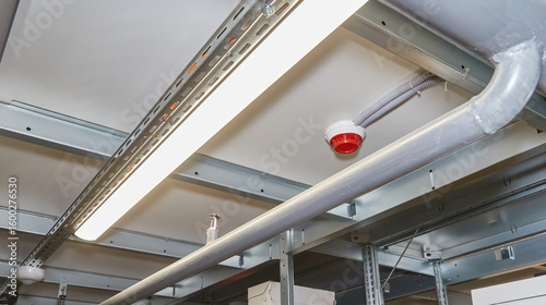 Industrial Ceiling with Sprinkler, Alarm, and Lighting