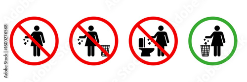 Woman please throw litter in the bin. No toilet pictogram icon. Allowed to throw napkin, paper, pads, towel in waste bin pictogram. No flush litter in toilet sign. Throw out the trash icon.