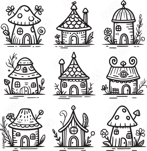A Set of Hand-Drawn Whimsical Fairy House and Mushroom House Doodles